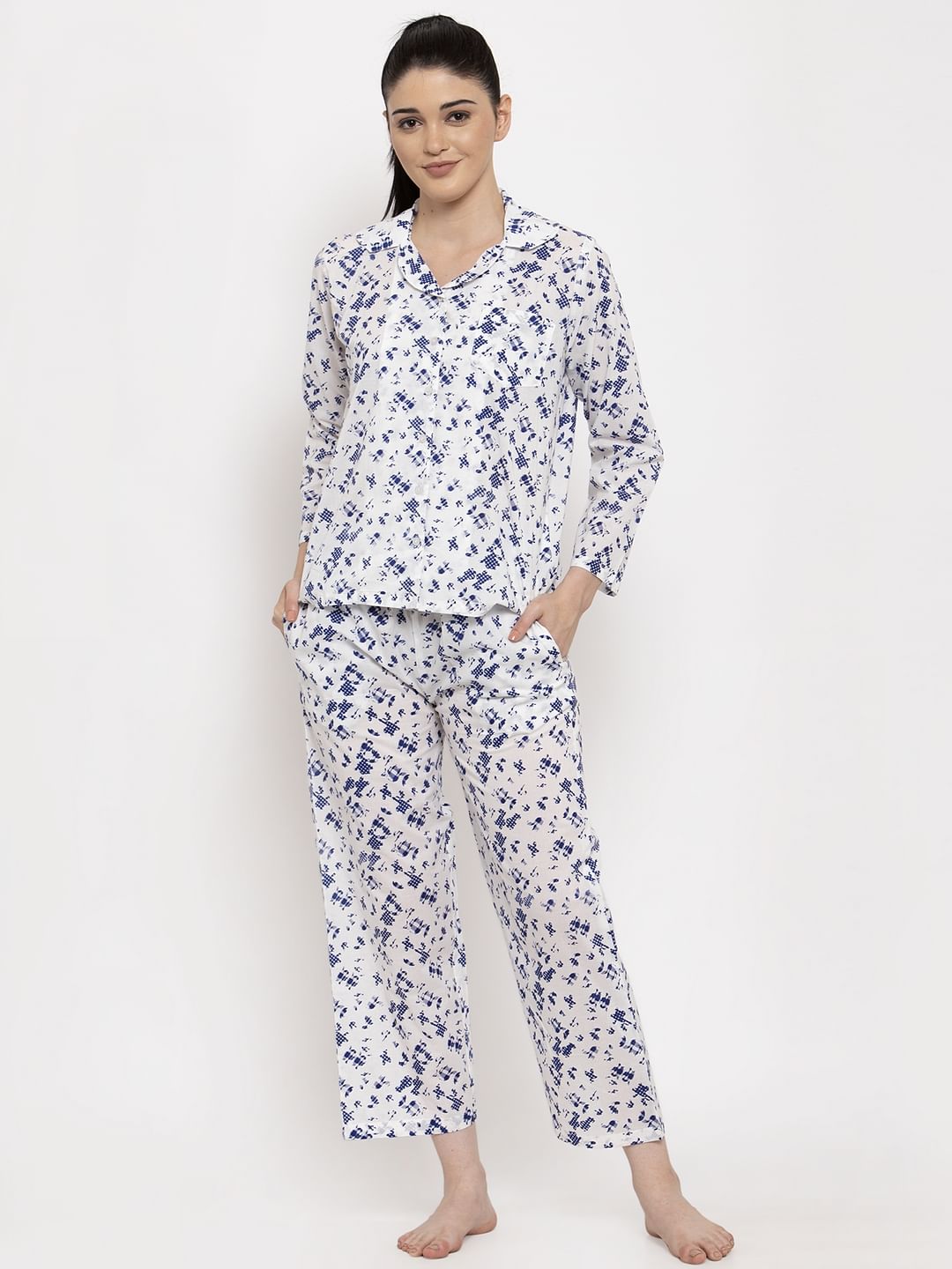 White-Blue Cotton Printed Nightsuit