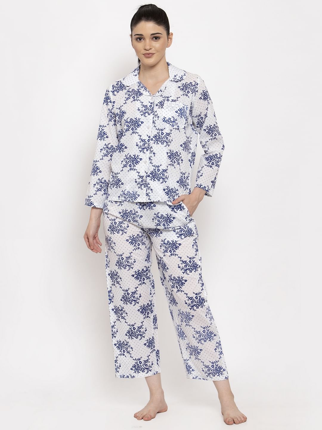 White-Blue Cotton Floral Print Nightsuit