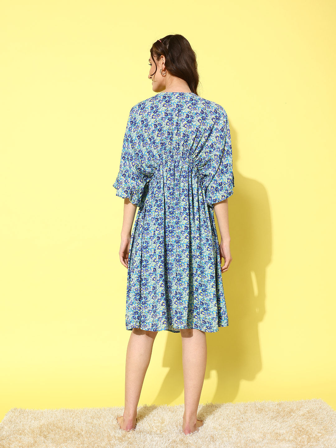 Blue Floral Printed Short Kaftan Dress