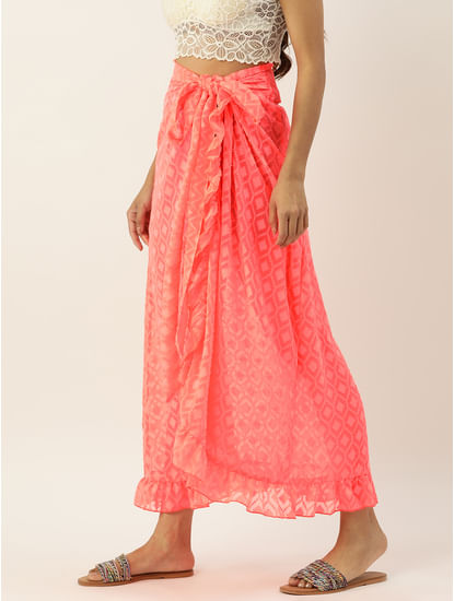 Neon Orange Self Design Wrap Around Sarong Skirt