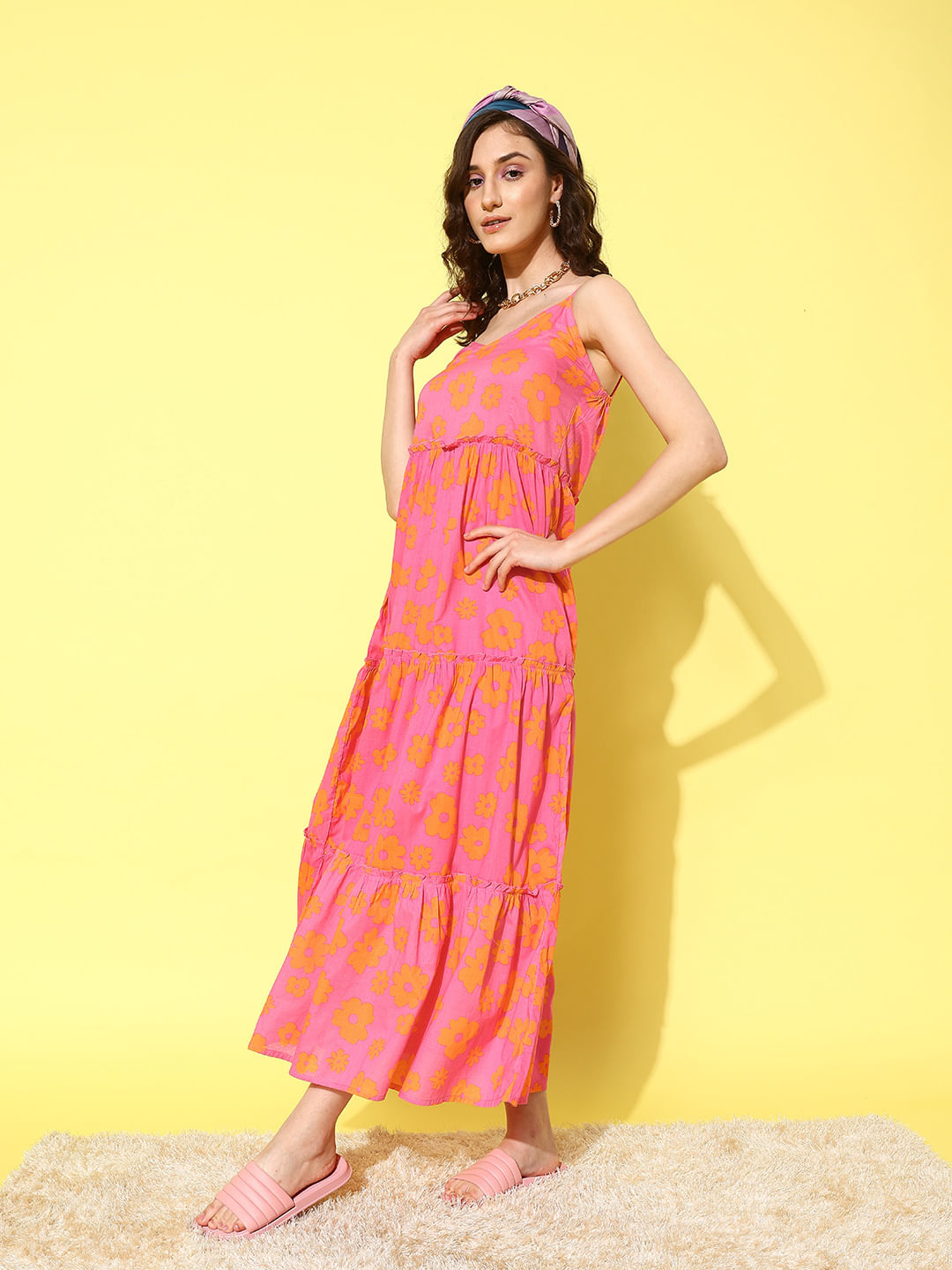 Pink and Orange Floral Print Beachwear Cover-up dress