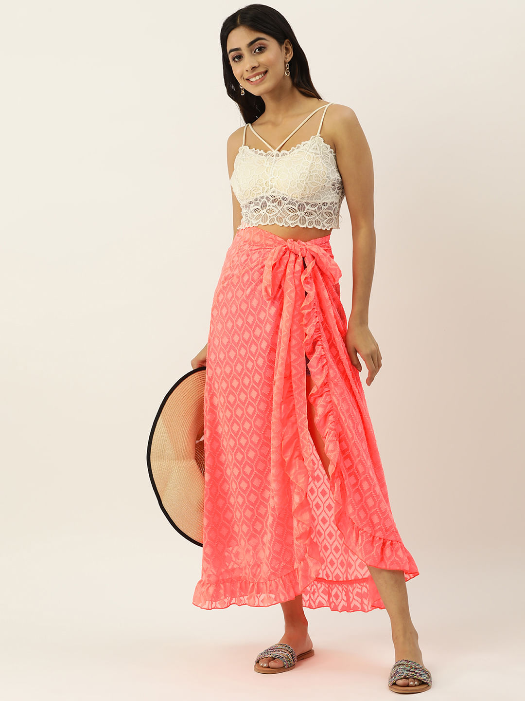 Neon Orange Self Design Wrap Around Sarong Skirt