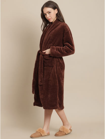 Secret Wish Women Brown Faux Fur Winter Lounge Robe