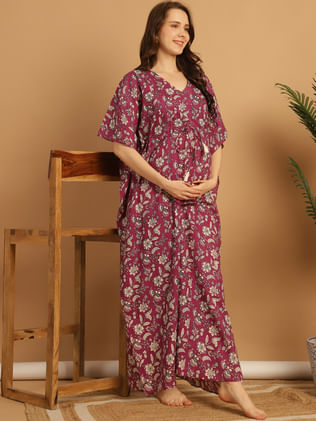 Purple Floral Print Cotton Maternity Kaftan Nighty