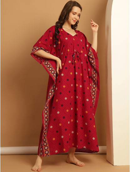 Red Floral Print Cotton Plus Size Kaftan Nighty