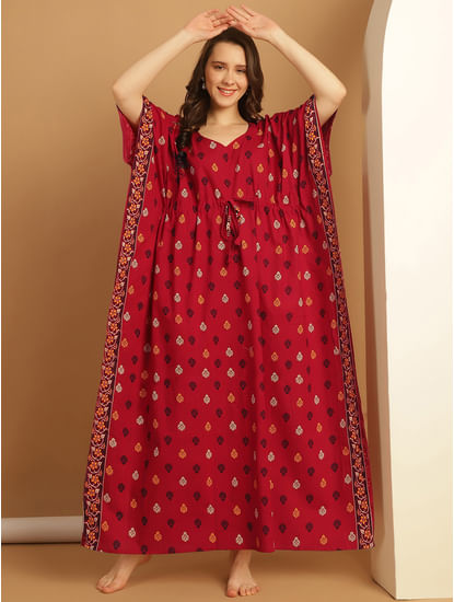 Red Printed Cotton Plus Size Kaftan Nighty