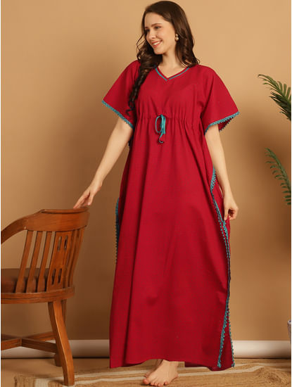 Red Dotted Print Cotton Kaftan Nighty