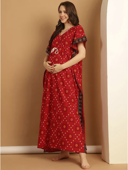 Red Geometric Print Cotton Maternity Kaftan Nighty