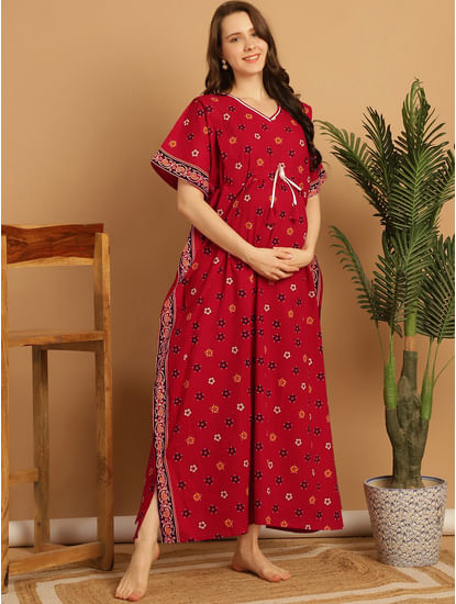 Red Floral Print Cotton Maternity Kaftan Nighty