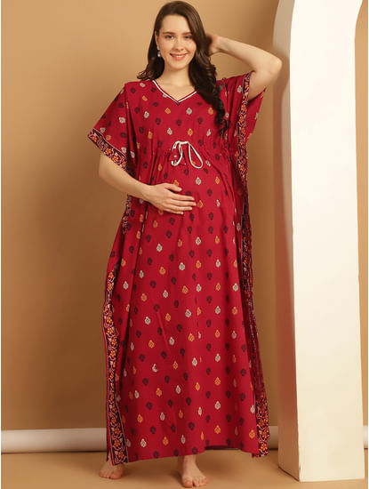 Red Printed Cotton Maternity Kaftan Nighty