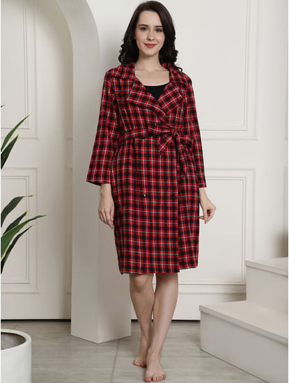 Maroon Checked Cotton Flannel Robe