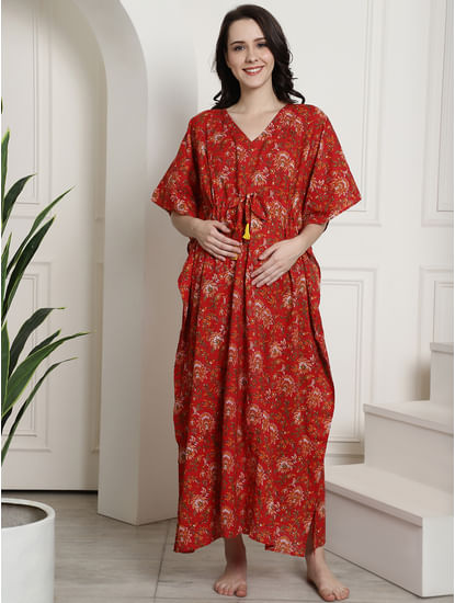 Red Floral Cotton Maternity Kaftan Nighty
