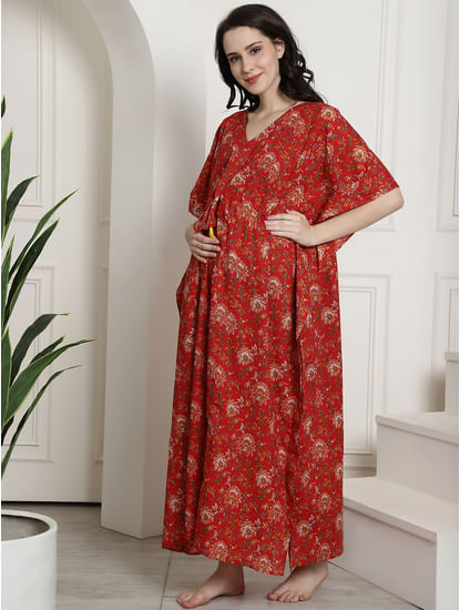 Red Floral Cotton Maternity Kaftan Nighty