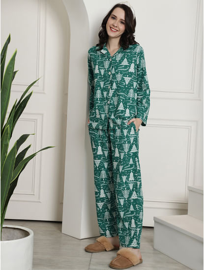 Green Christmas Print Cotton Flannel Night Suit