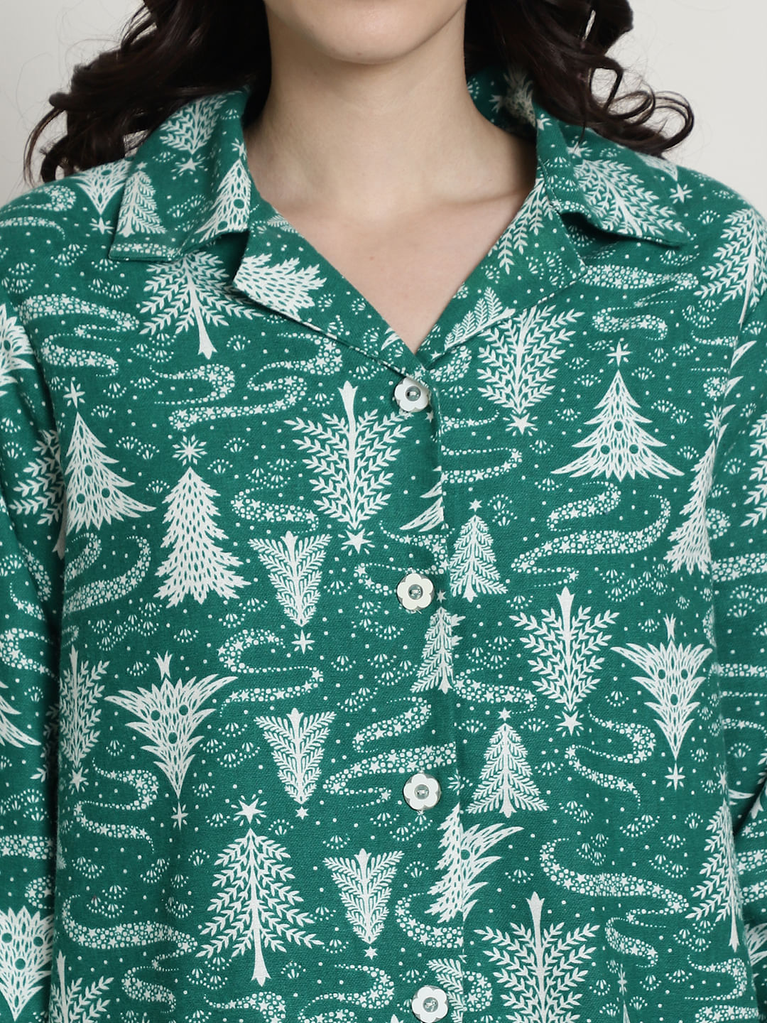 Green Christmas Print Cotton Flannel Night Suit
