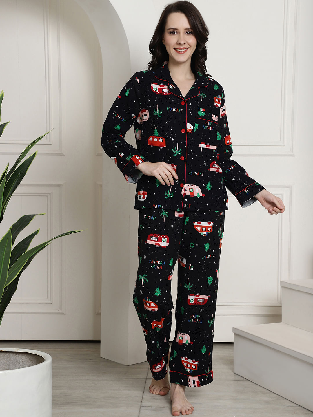 Black Christmas Print Cotton Flannel Night Suit