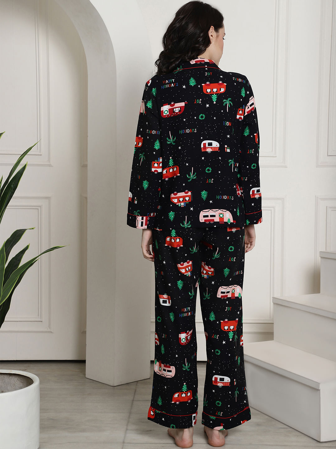 Black Christmas Print Cotton Flannel Night Suit