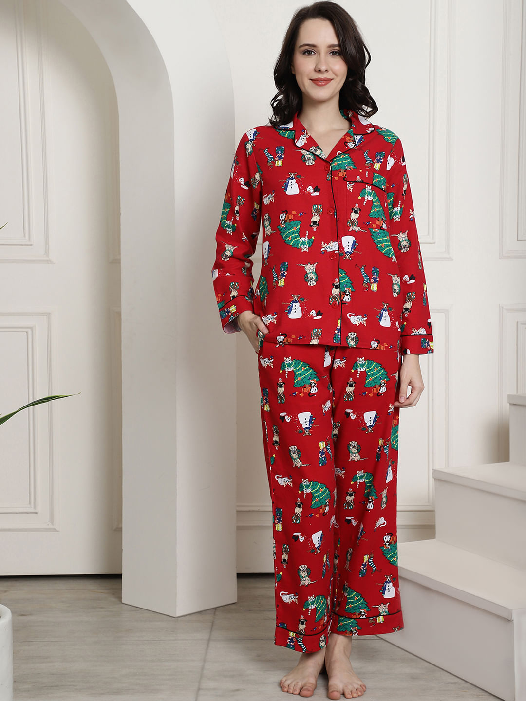 Red Christmas Print Cotton Flannel Night Suit