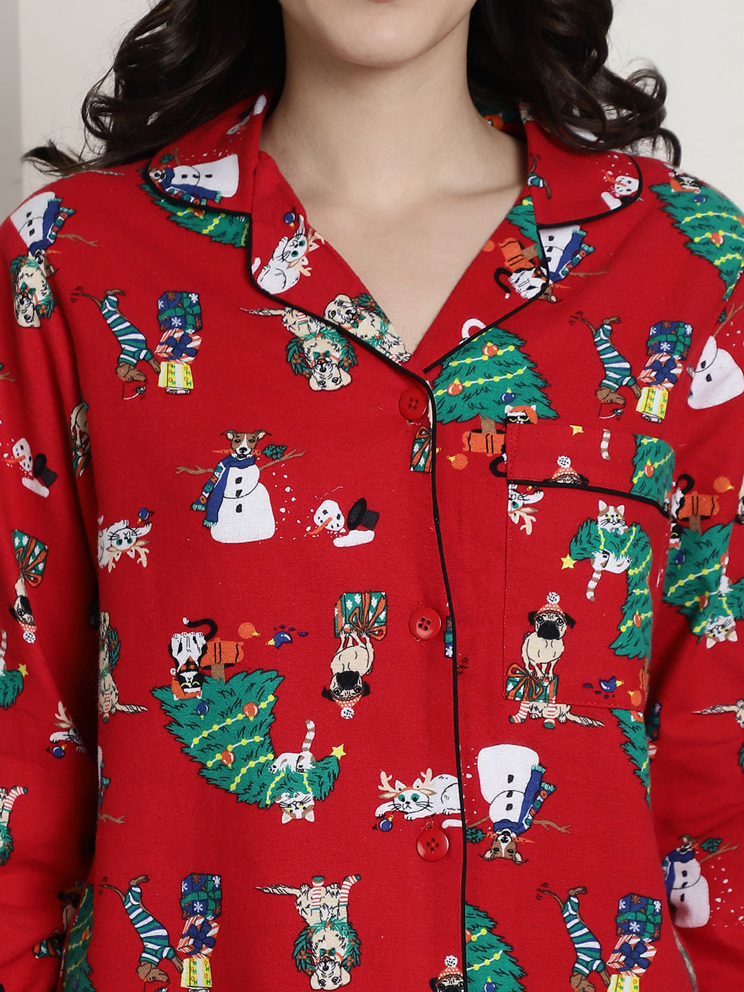 Red Christmas Print Cotton Flannel Night Suit
