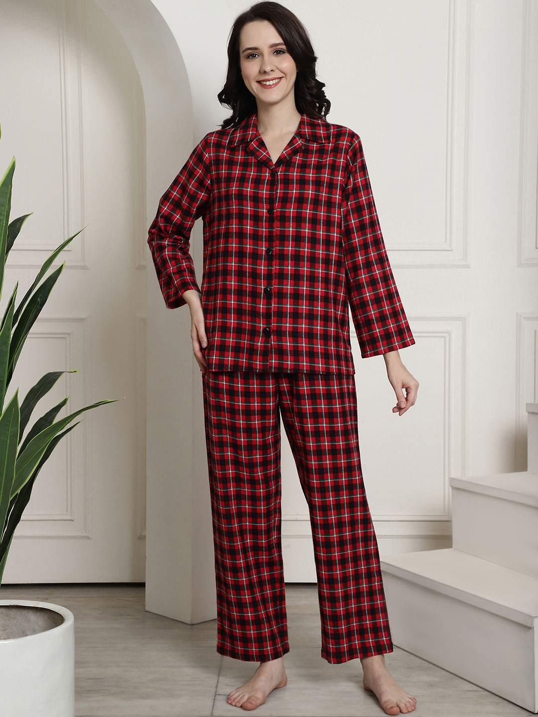 Maroon Checked Cotton Flannel Night Suit