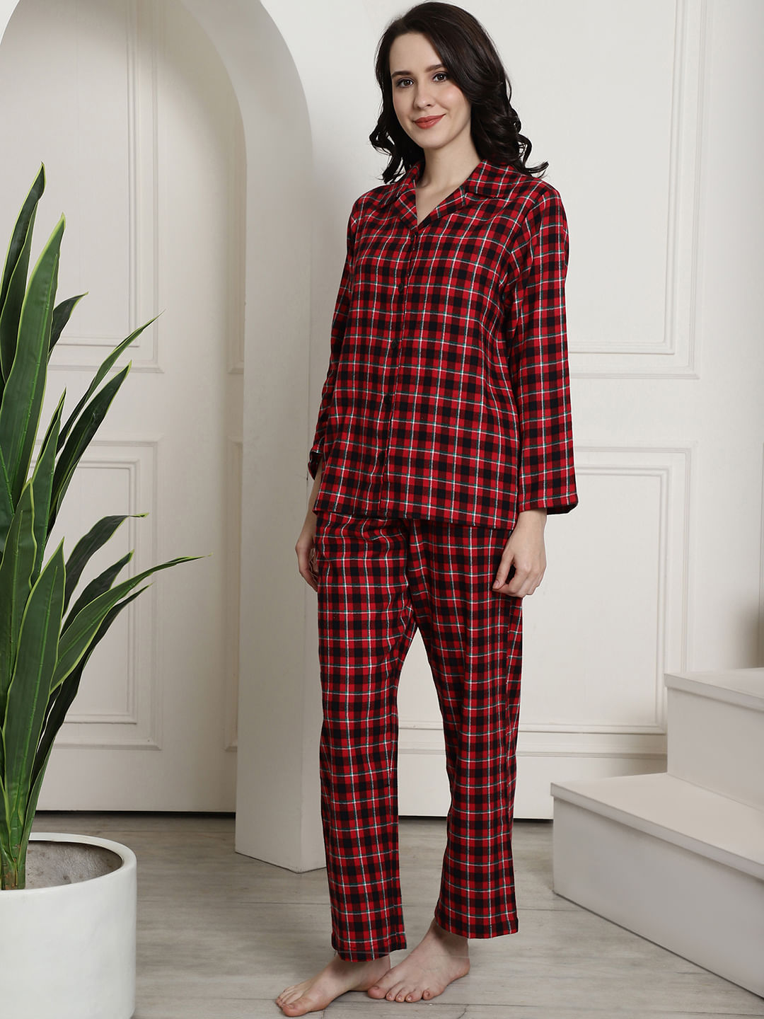 Maroon Checked Cotton Flannel Night Suit