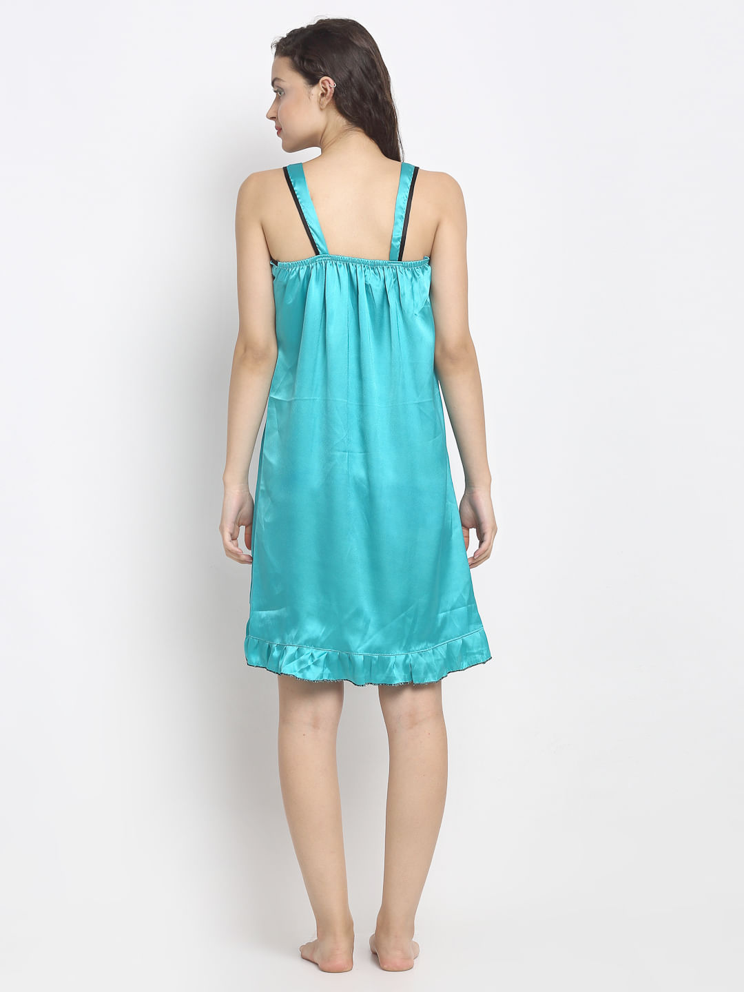 Turquoise Blue Solid Satin Babydoll (Free Size)