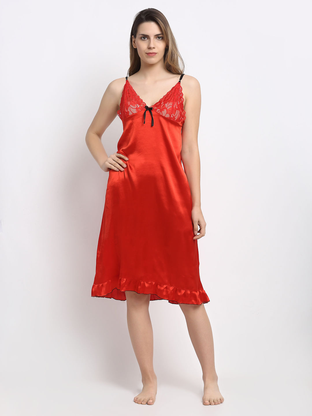 Red Solid Satin Babydoll (Free Size)