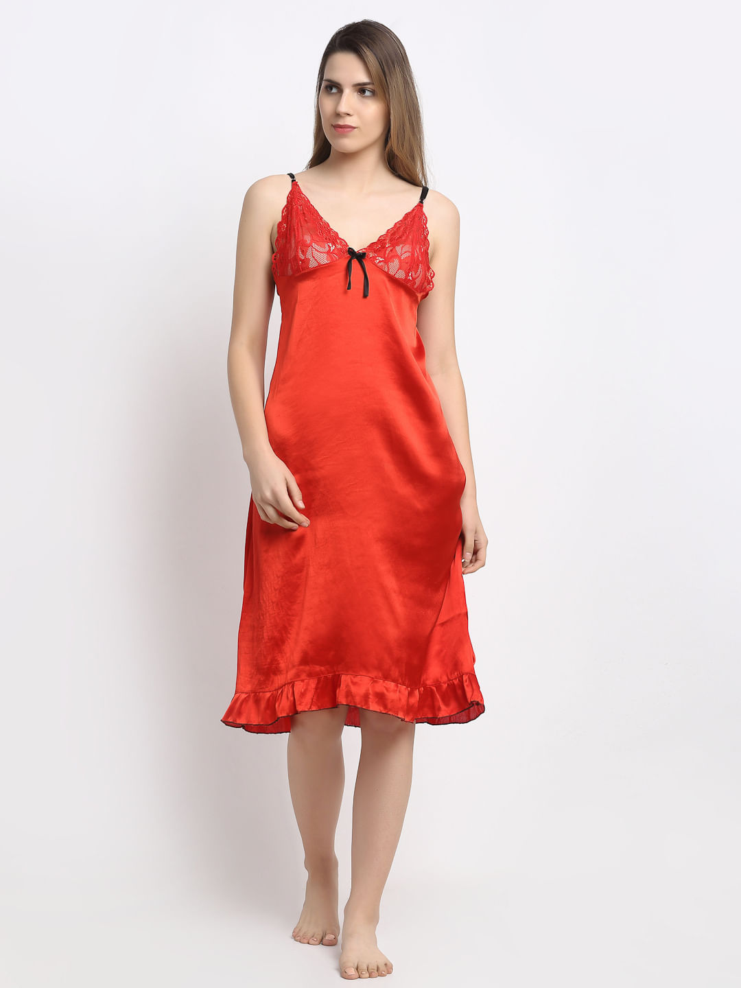Red Solid Satin Babydoll (Free Size)