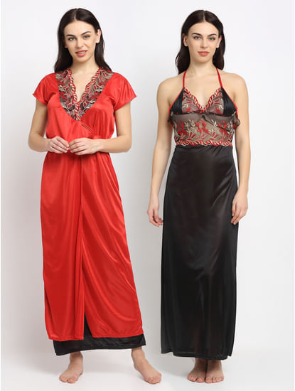 Secret Wish Women's Black Solid Satin Nighty with Red Robe (Free Size)