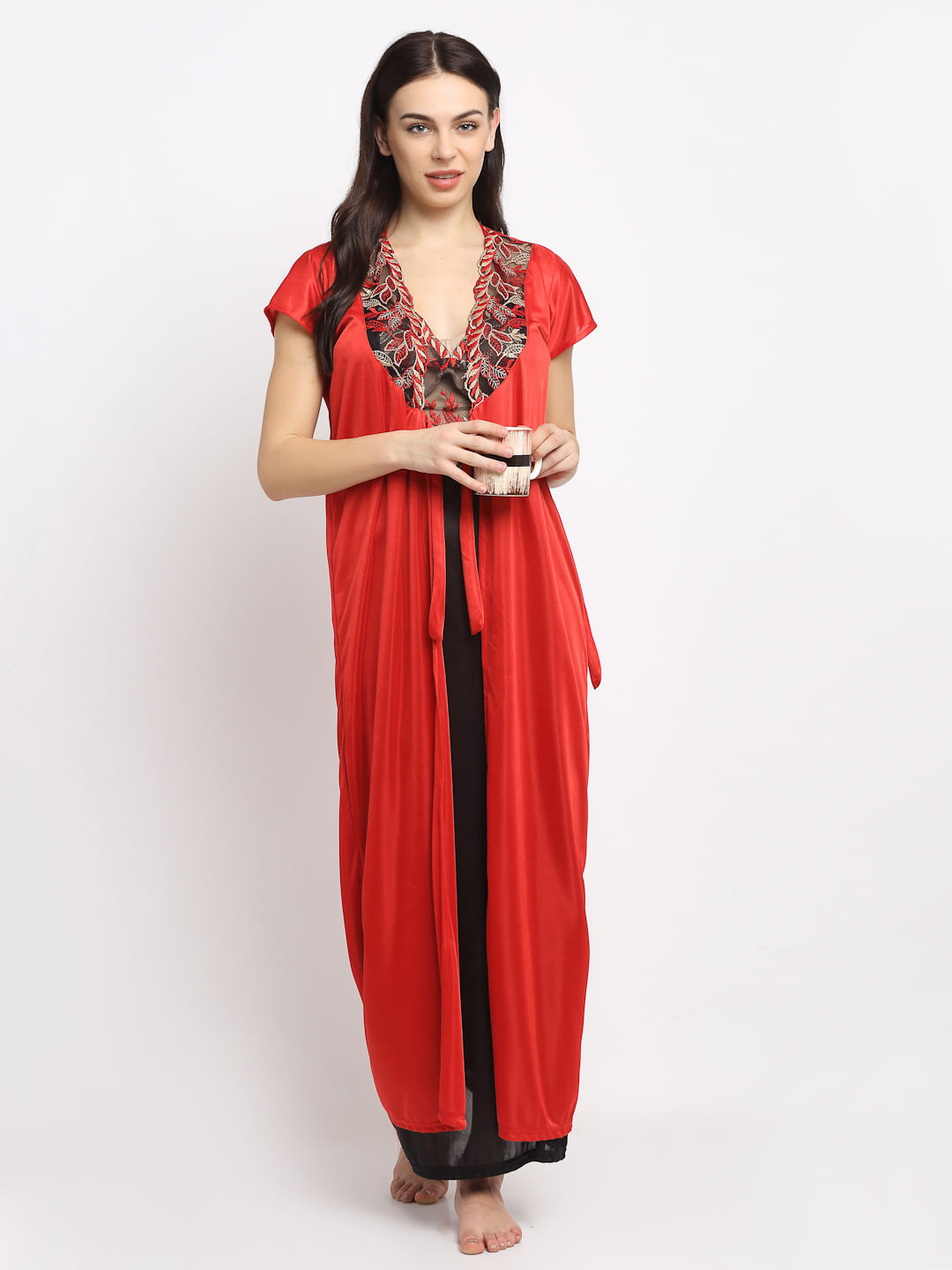 Black Solid Satin Nighty with Red Robe (Free Size)