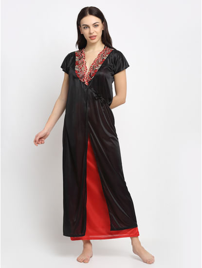 Red Solid Satin Nighty with Black Robe (Free Size)