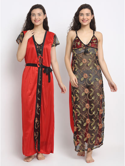 Red Printed Satin Nighty with Robe (Free Size)