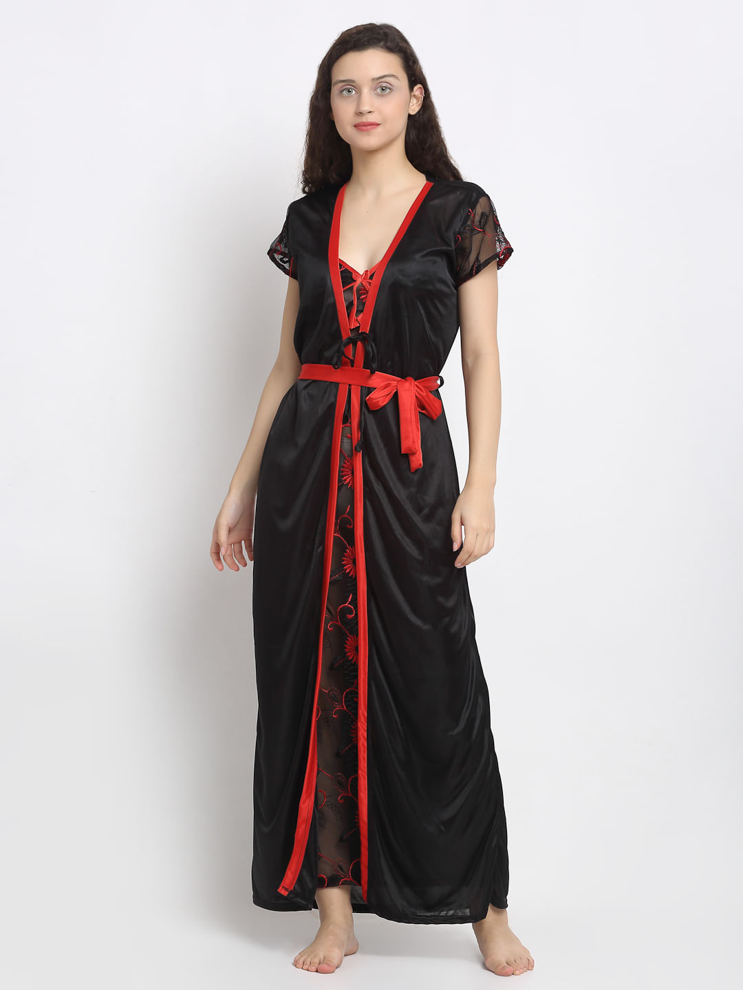 Black Printed Satin Nighty with Robe (Free Size)