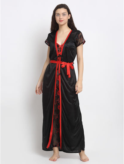 Secret Wish Women's Black Printed Satin Nighty with Robe (Free Size)