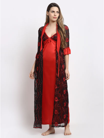 Red & Black Printed Satin Nighty with Robe (Free Size)