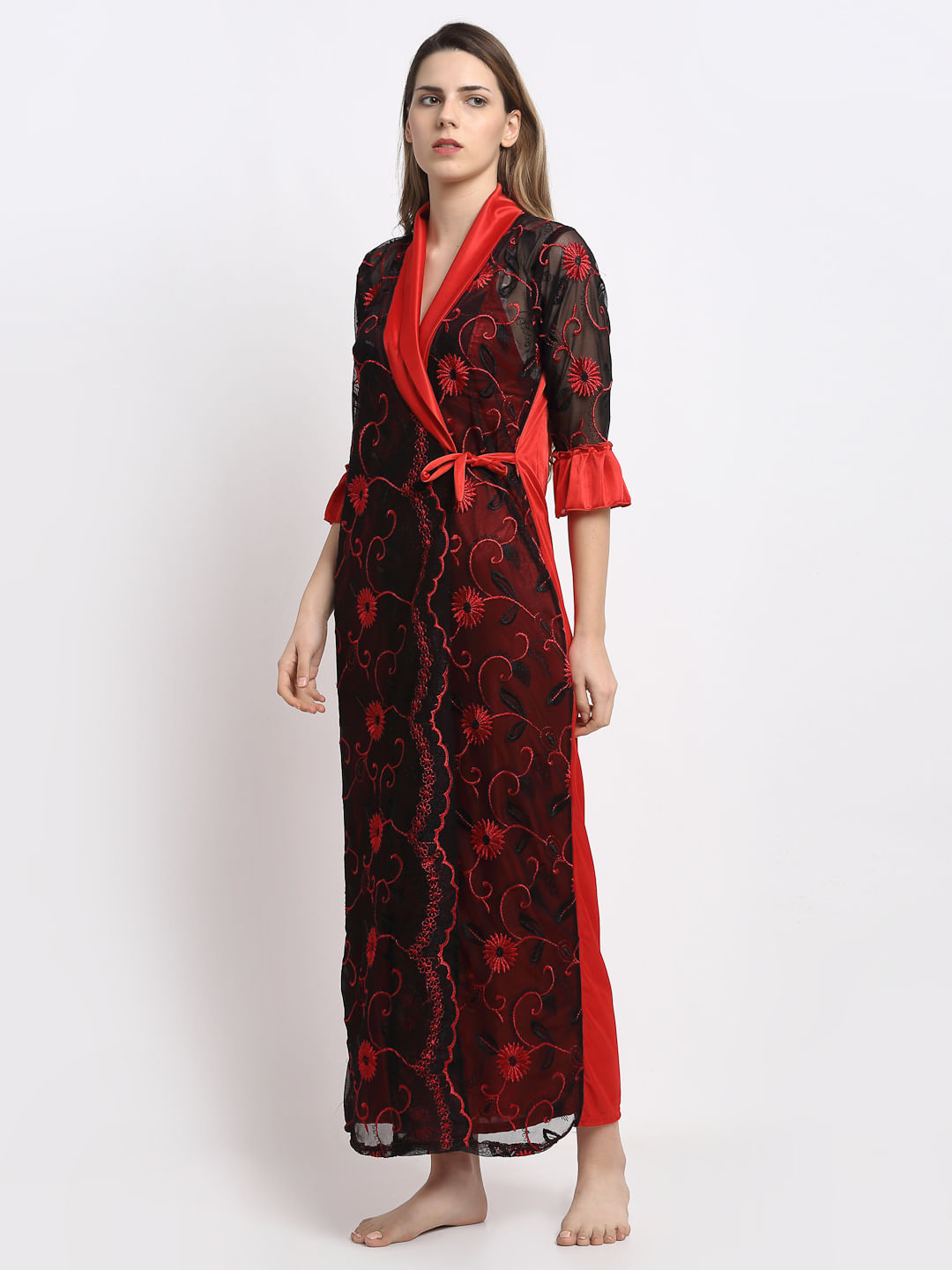 Red & Black Printed Satin Nighty with Robe (Free Size)