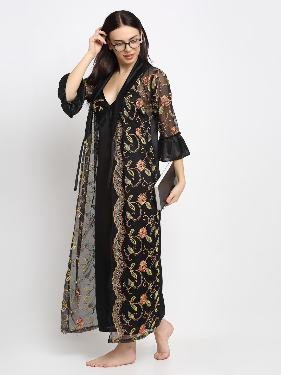 Black Printed Satin Nighty with Robe (Free Size)