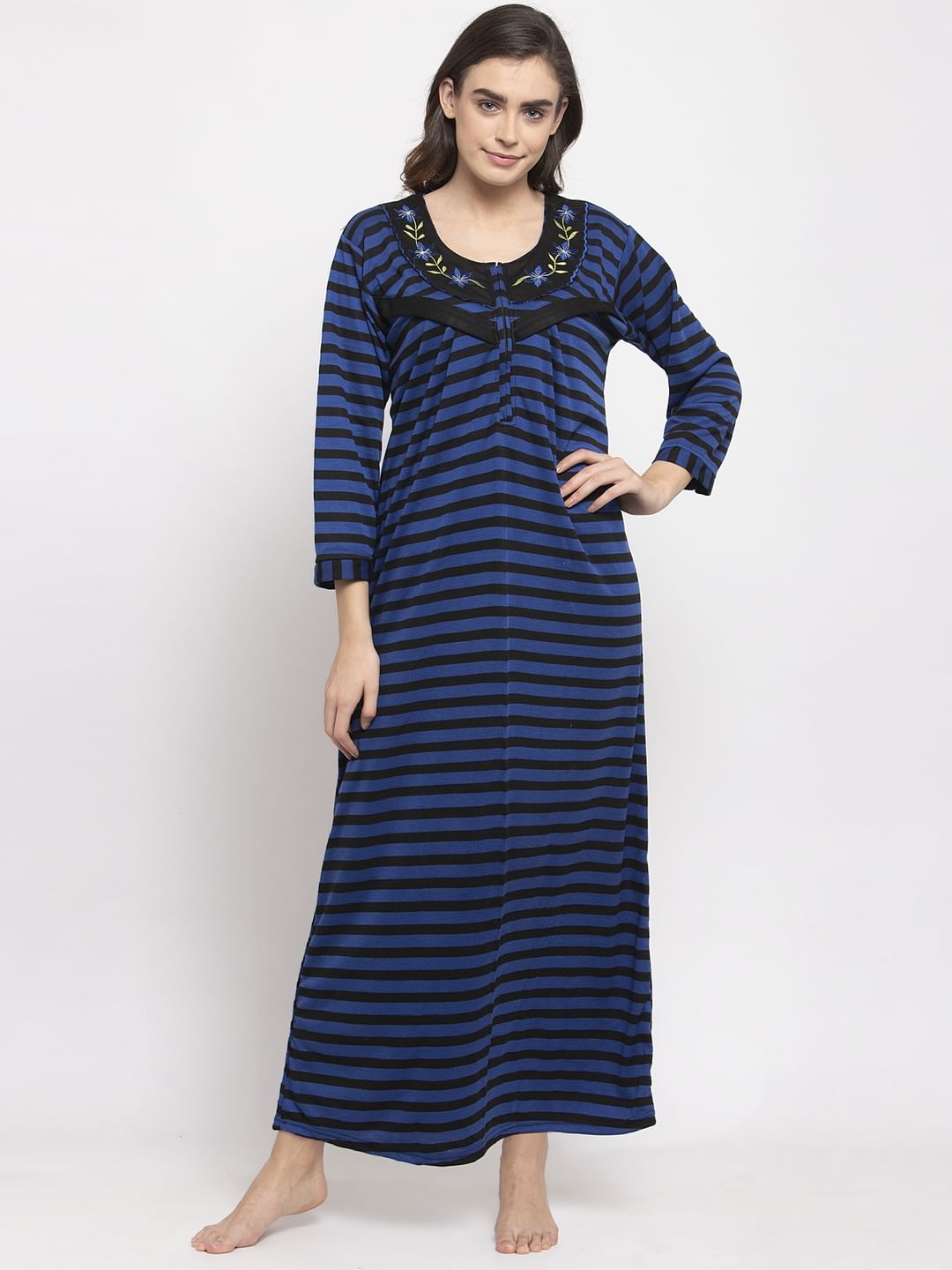 Blue Striped Woolen Maternity Nighty (Free Size)