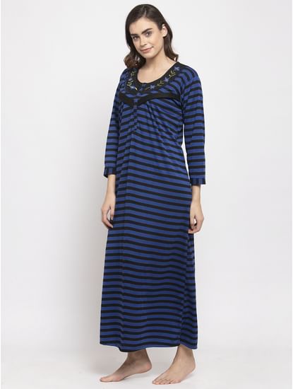 Secret Wish Women's Blue Striped Woolen Maternity Nighty (Free Size)