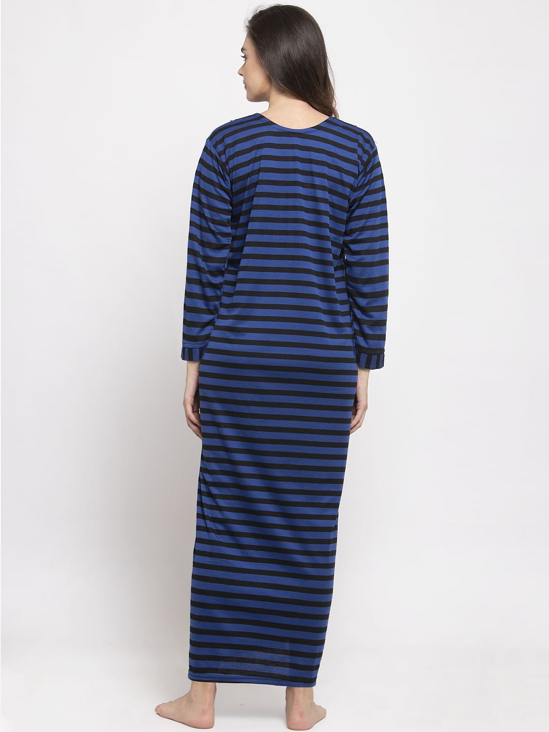 Blue Striped Woolen Maternity Nighty (Free Size)