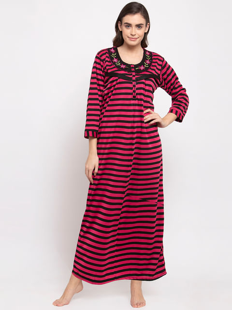 Secret Wish Women's Maroon Striped Woolen Maternity Nighty (Free Size)
