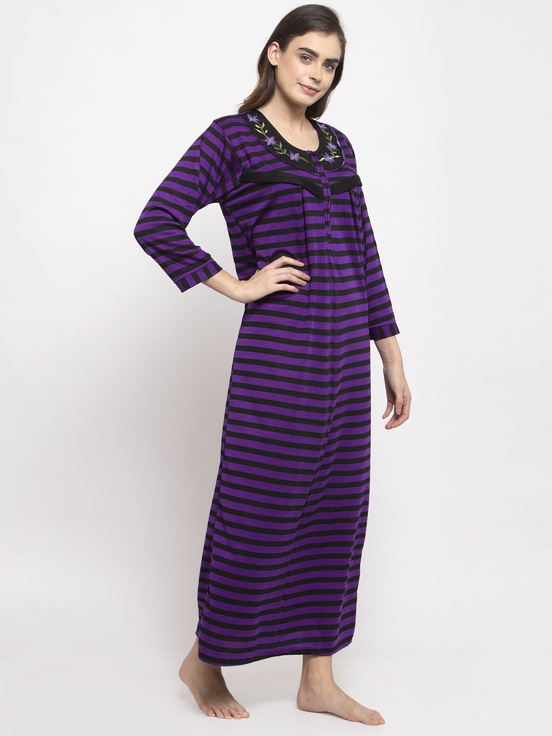 Purple Striped Woolen Maternity Nighty (Free Size)
