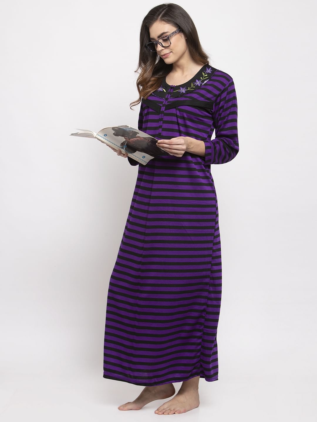 Purple Striped Woolen Maternity Nighty (Free Size)