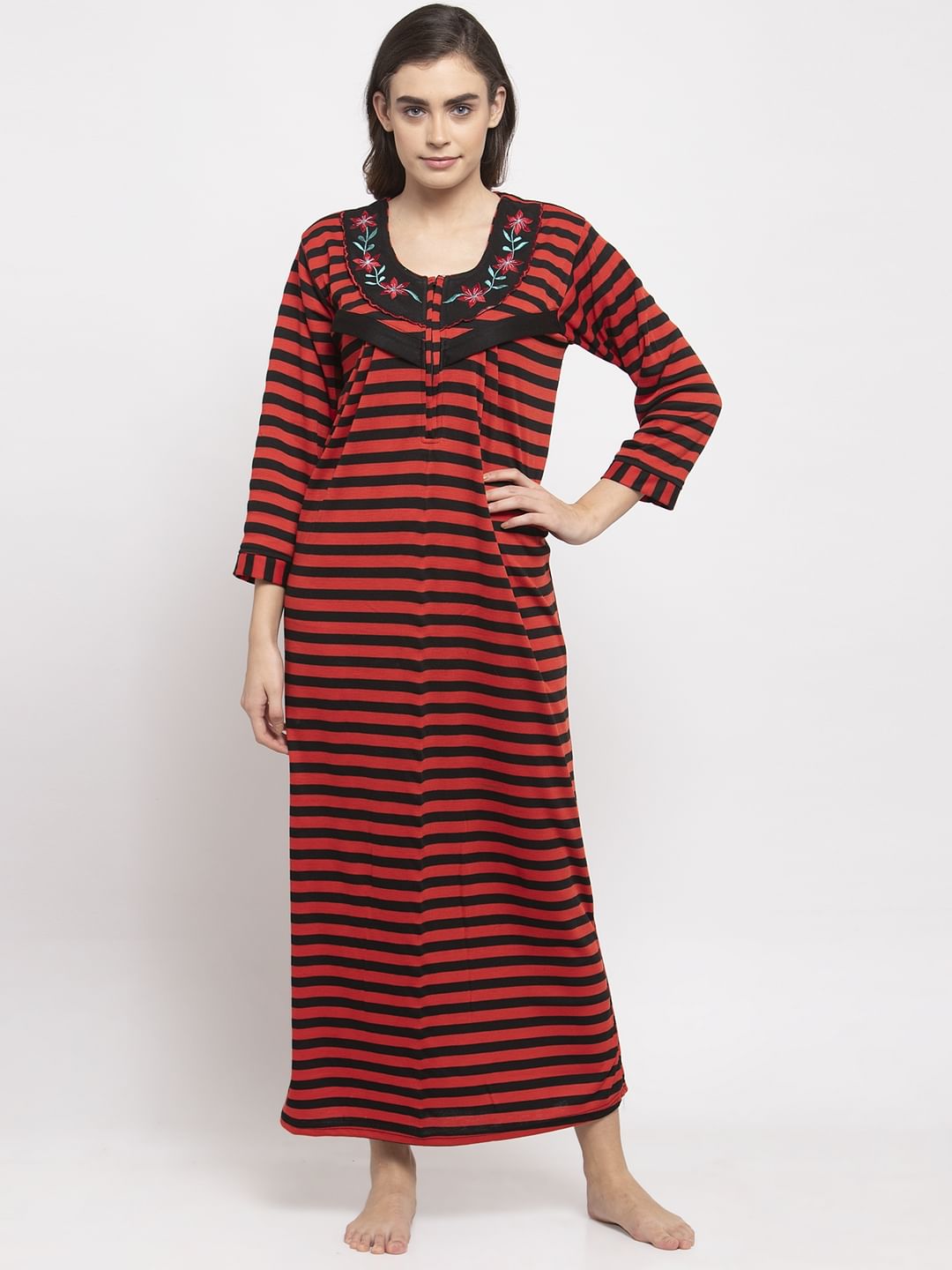 Red Striped Woolen Maternity Nighty (Free Size)