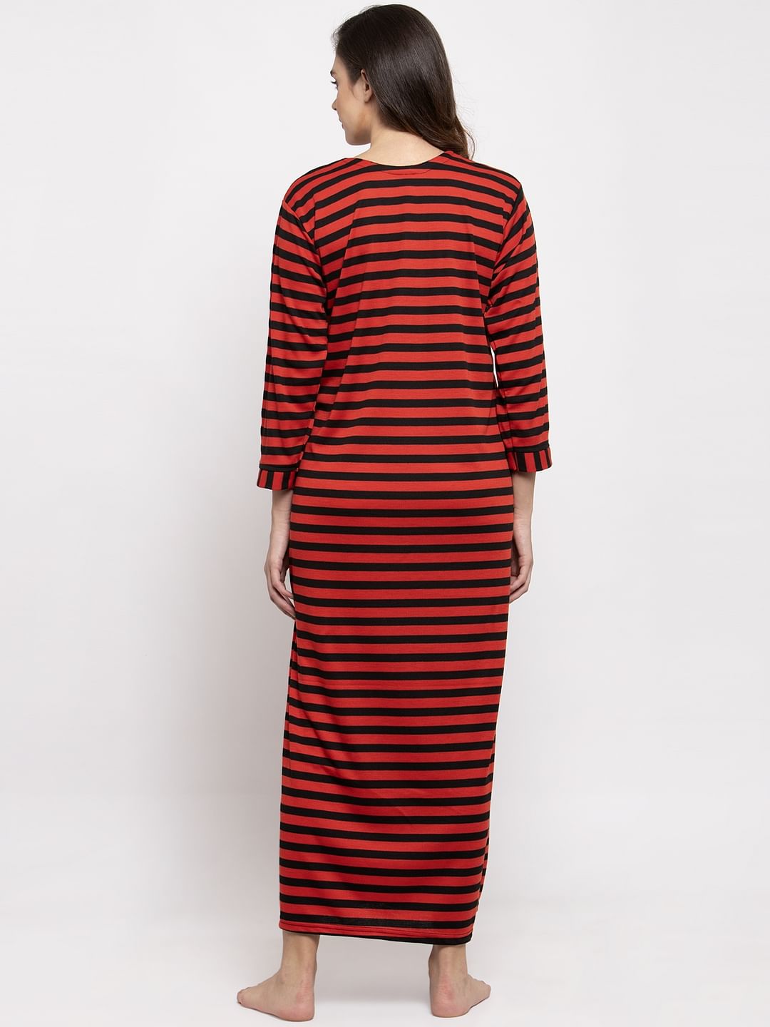 Red Striped Woolen Maternity Nighty (Free Size)