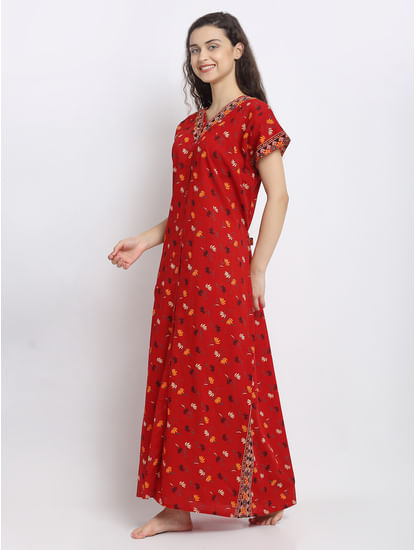 Red Printed Cotton Nighty (Free Size)