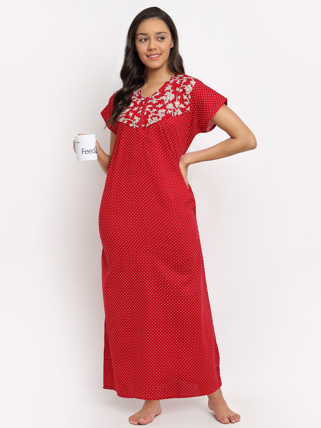 Red Printed Maternity Nighty (Free Size)