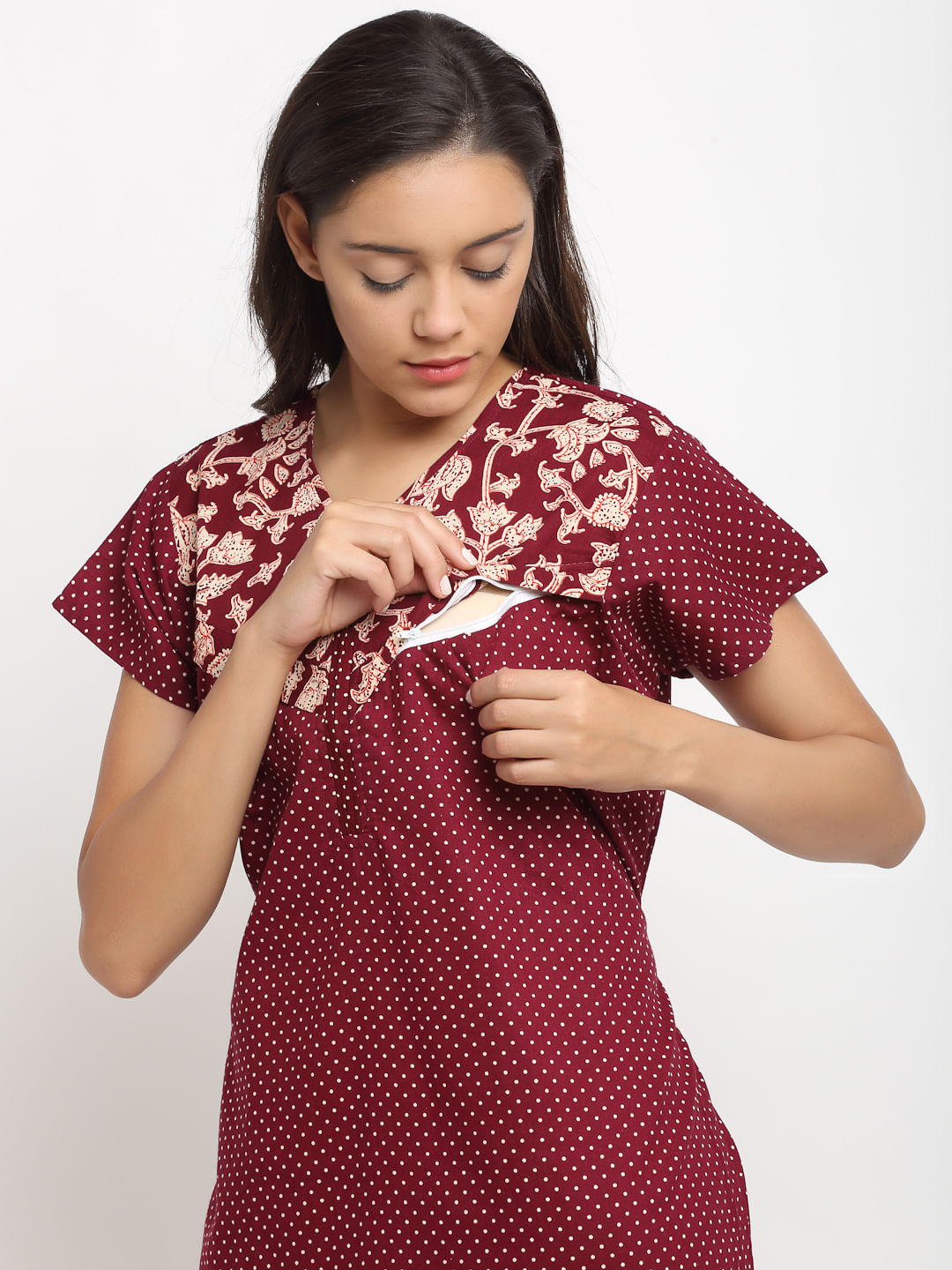 Maroon Printed Cotton Maternity Nighty (Free Size)