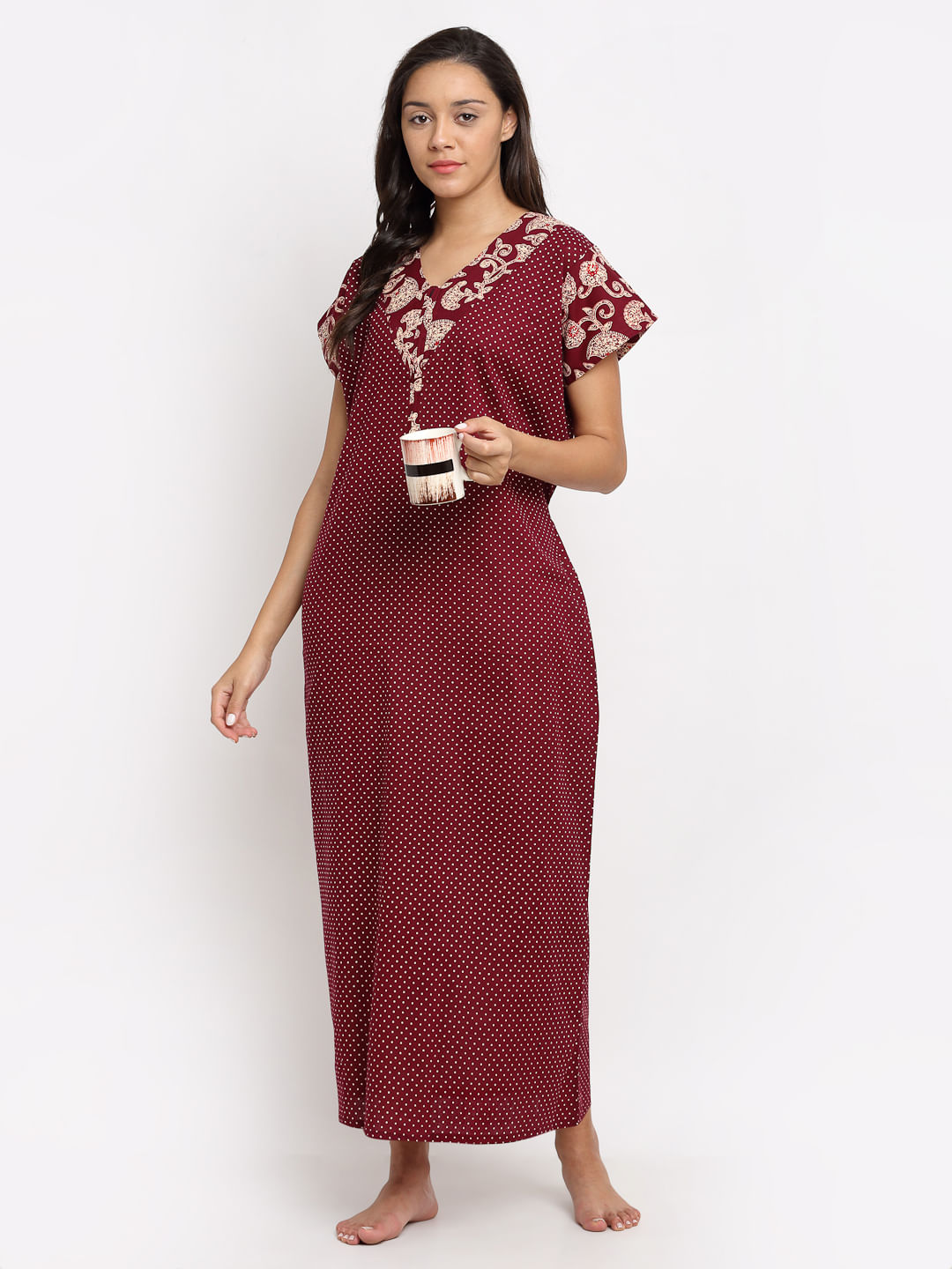 Maroon Printed Cotton Maternity Nighty (Free Size)