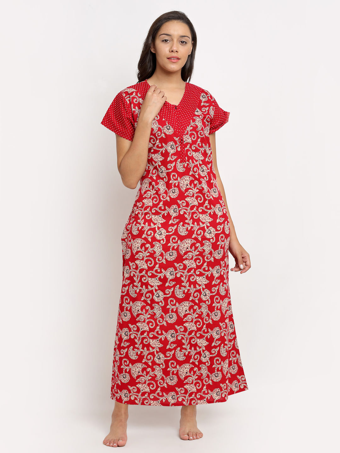 Red Printed Cotton Nighty (Free Size)